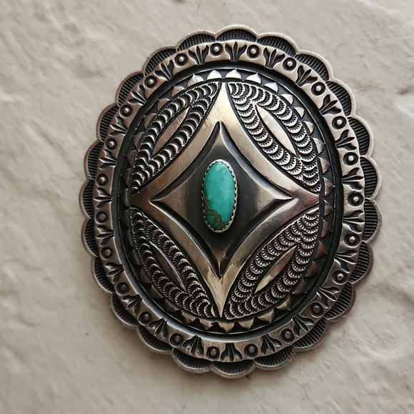 Amazing Vintage Native American Navajo Roland Dixon Concho & Turquoise Brooch 💙 - Picture 4 of 12